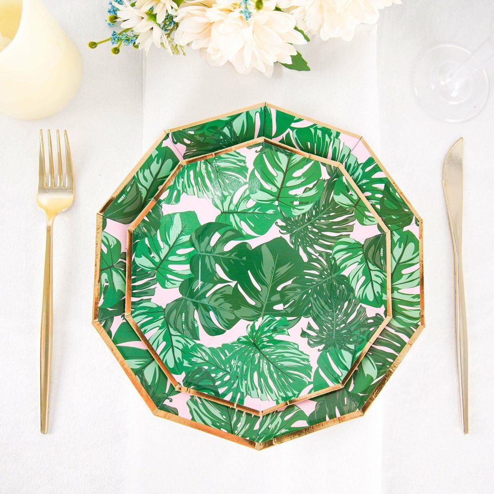 25 Pack Tropical Palm Leaf Dessert Salad Paper Plates, Disposable Appetizer Plates Geometric Decagon Shaped Pink/Green With Gold Rim 7″  |   Eco-Friendly & Paper Plates Disposable Plates Eco-Friendly & Paper Plates