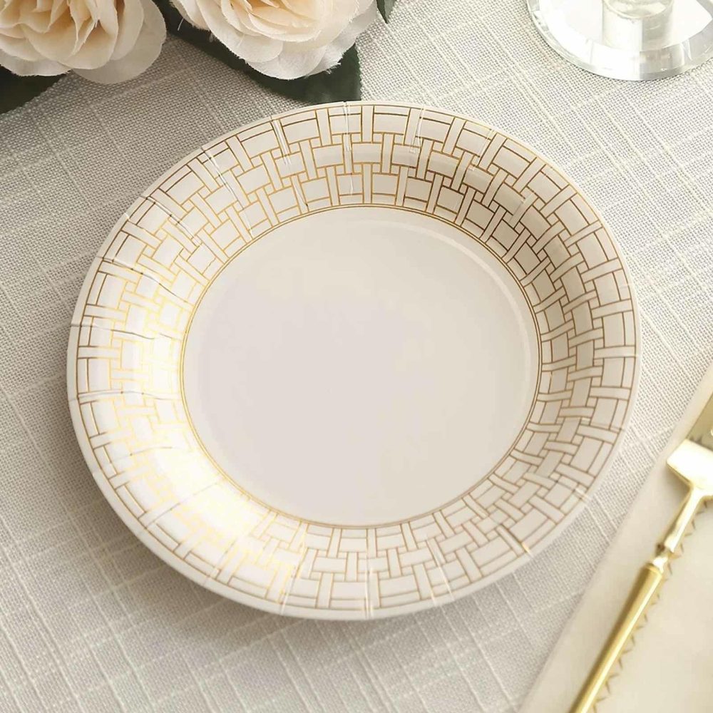 25 Pack White Appetizer Dessert Paper Plates With Gold Basketweave Pattern Rim, 7″ Round Disposable Salad Plates  |   Eco-Friendly & Paper Plates Disposable Plates Basketweave Pattern Rim