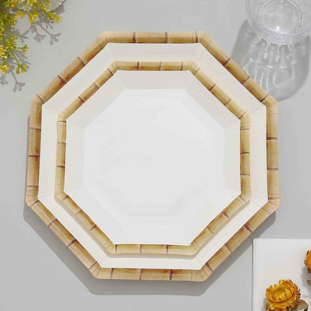 25 Pack White Bamboo Print Rim Geometric Dessert Paper Plates, Octagonal Disposable Appetizer Salad Party Plates 7″  |   Eco-Friendly & Paper Plates Disposable Plates Eco-Friendly & Paper Plates