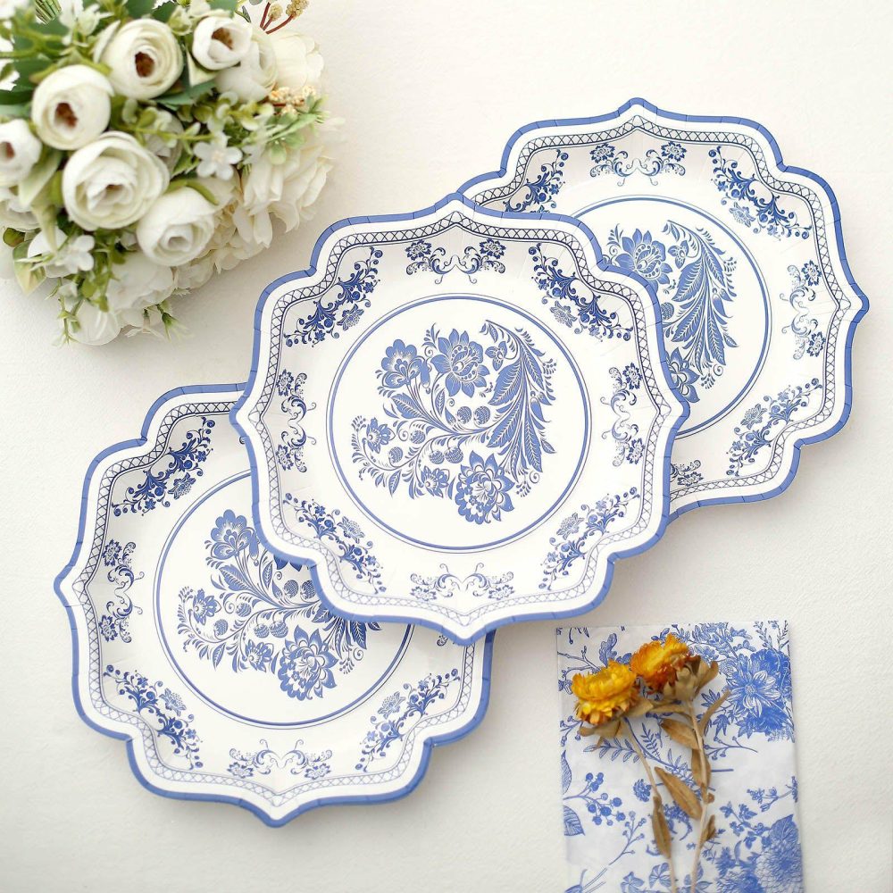 25 Pack White Blue Paper Dessert Plates With Chinoiserie Florals and Scalloped Rims, Disposable Salad Appetizer Plates 300 GSM 8″  |   Eco-Friendly & Paper Plates Disposable Plates Eco-Friendly & Paper Plates