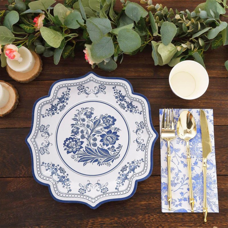 25 Pack White Blue Paper Dinner Plates With Chinoiserie Florals and Scalloped Rims, Disposable Party Plates 300 GSM 10″  |   Eco-Friendly & Paper Plates Disposable Plates Eco-Friendly & Paper Plates