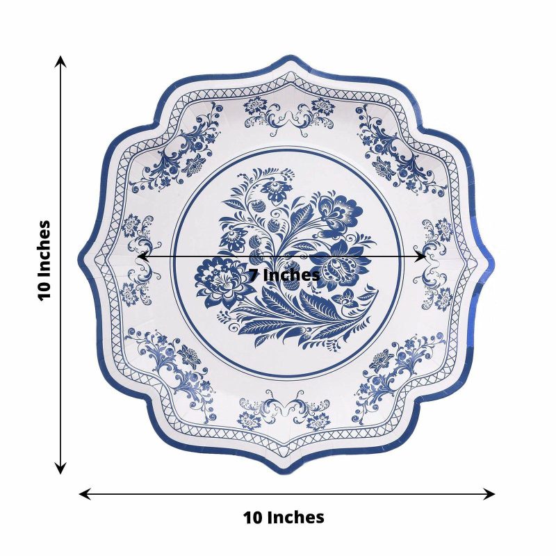 25 Pack White Blue Paper Dinner Plates With Chinoiserie Florals and Scalloped Rims, Disposable Party Plates 300 GSM 10″  |   Eco-Friendly & Paper Plates Disposable Plates Eco-Friendly & Paper Plates