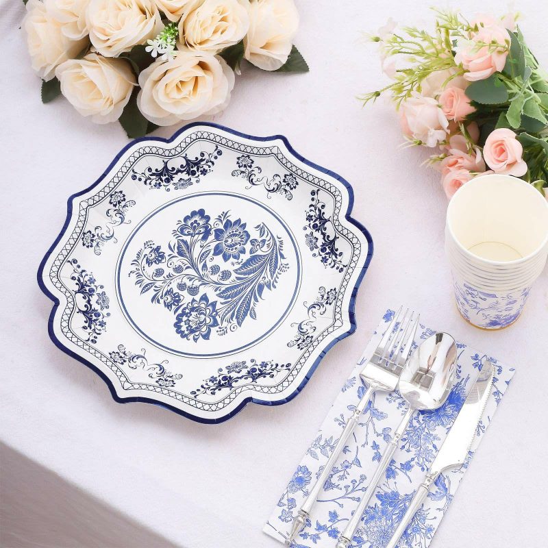 25 Pack White Blue Paper Dinner Plates With Chinoiserie Florals and Scalloped Rims, Disposable Party Plates 300 GSM 10″  |   Eco-Friendly & Paper Plates Disposable Plates Eco-Friendly & Paper Plates