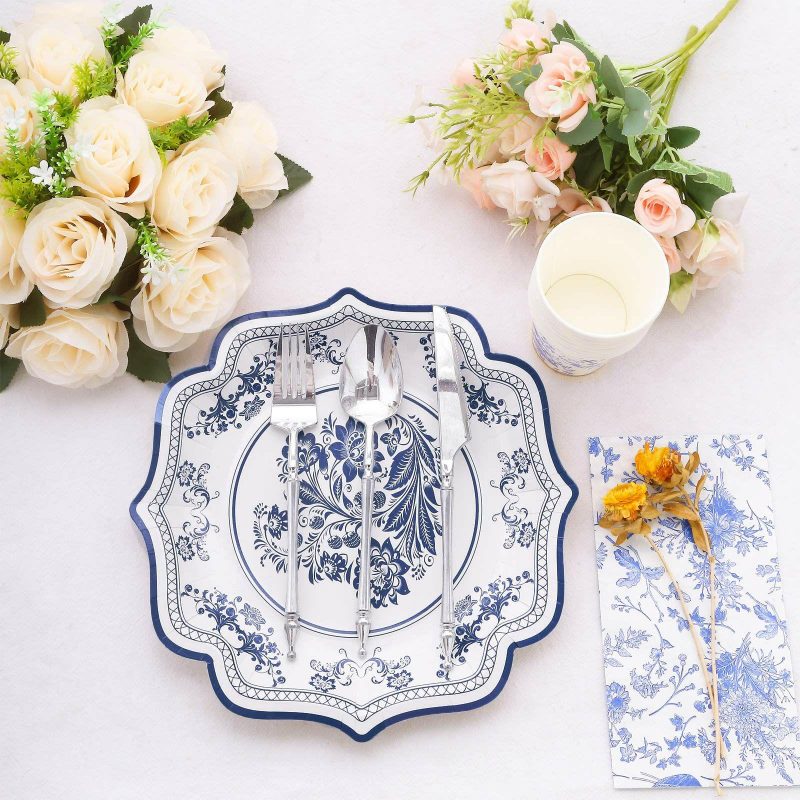 25 Pack White Blue Paper Dinner Plates With Chinoiserie Florals and Scalloped Rims, Disposable Party Plates 300 GSM 10″  |   Eco-Friendly & Paper Plates Disposable Plates Eco-Friendly & Paper Plates