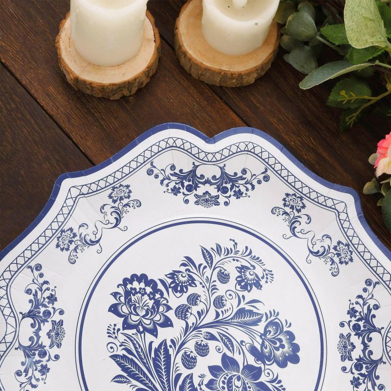 25 Pack White Blue Paper Dinner Plates With Chinoiserie Florals and Scalloped Rims, Disposable Party Plates 300 GSM 10″  |   Eco-Friendly & Paper Plates Disposable Plates Eco-Friendly & Paper Plates