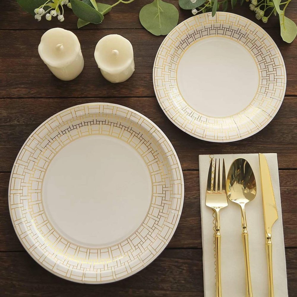 25 Pack White Dinner Paper Plates With Gold Basketweave Pattern Rim, 9″ Round Disposable Party Plates  |   Eco-Friendly & Paper Plates Disposable Plates Basketweave Pattern Rim