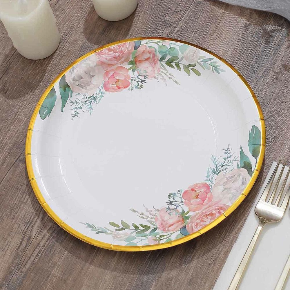 25 Pack White Elegant Floral Design Gold Rim Paper Dinner Plates, Disposable Round Lunch Party Plates 9″  |   Eco-Friendly & Paper Plates Disposable Plates Eco-Friendly & Paper Plates