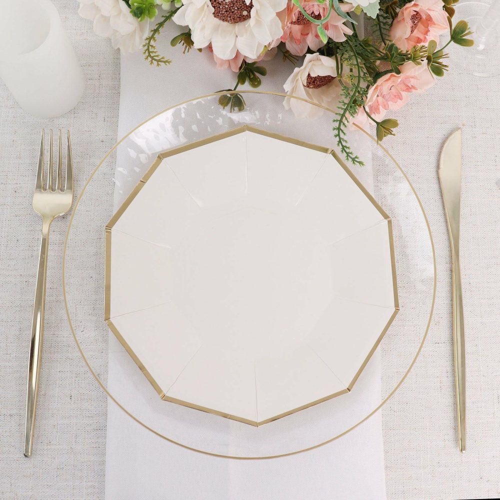 25 Pack White Geometric Dessert Salad Paper Plates, Disposable Appetizer Plates Decagon Shaped With Gold Foil Rim 7″  |   Eco-Friendly & Paper Plates Disposable Plates Eco-Friendly & Paper Plates