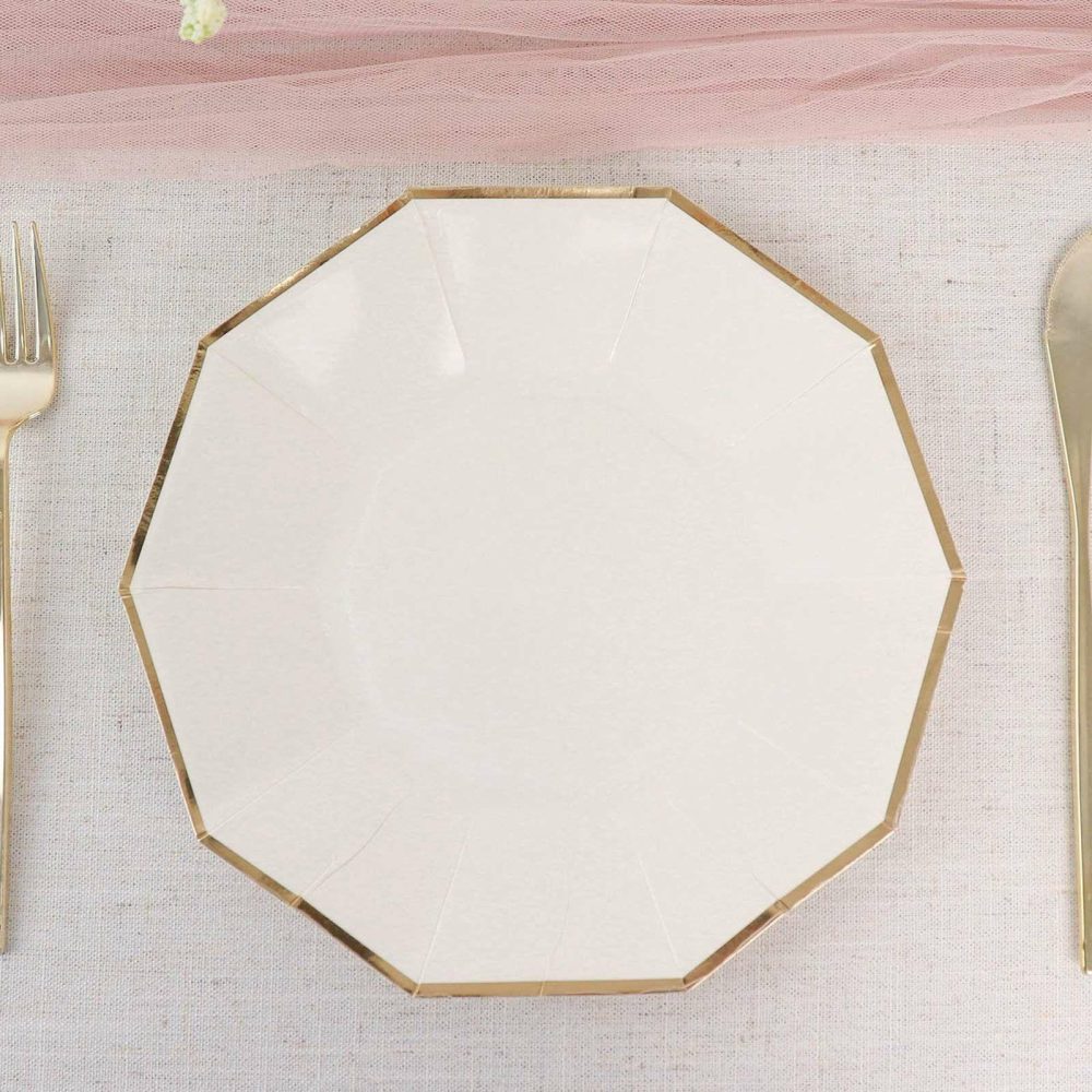 25 Pack White Geometric Dinner Paper Plates, Disposable Plates Decagon Shaped With Gold Foil Rim 9″  |   Eco-Friendly & Paper Plates Disposable Plates Eco-Friendly & Paper Plates