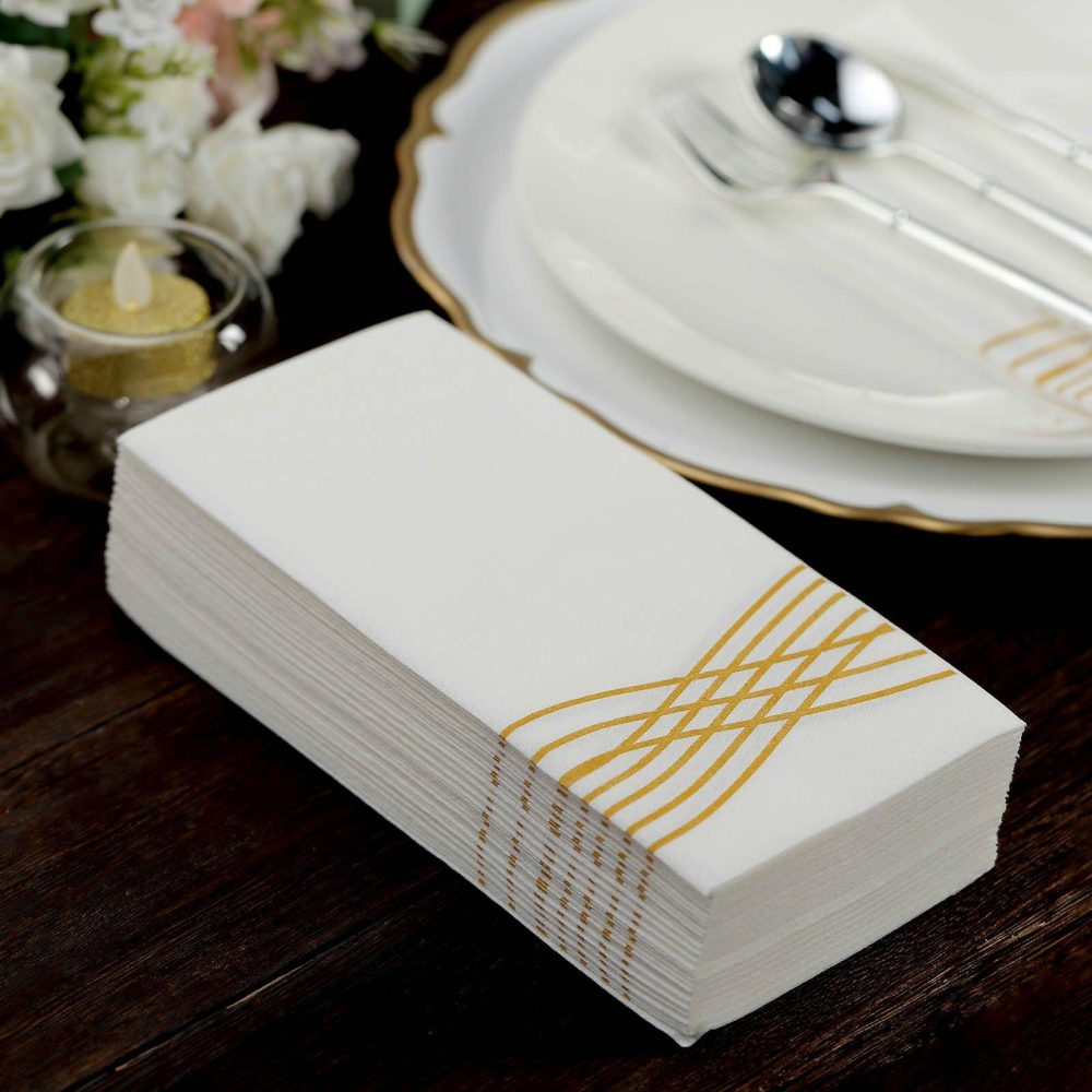 25 Pack White Gold Airlaid Soft Linen-Feel Paper Dinner Napkins, Disposable Hand Towels Gold Foil Wave Design – 8″x4″  |   Paper Napkins Paper Napkins Paper Napkins