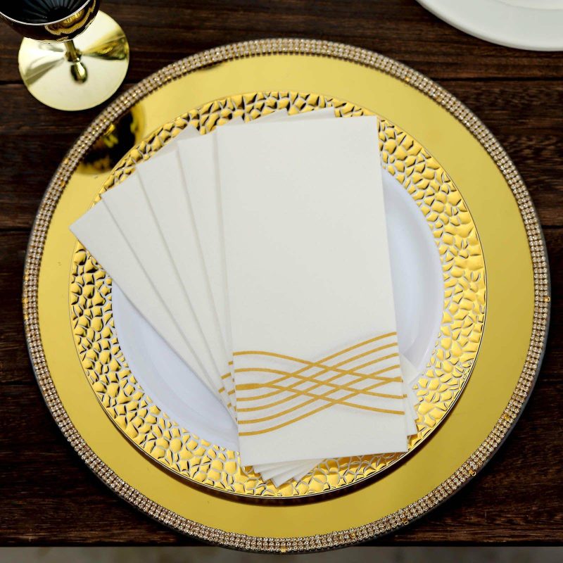 25 Pack White Gold Airlaid Soft Linen-Feel Paper Dinner Napkins, Disposable Hand Towels Gold Foil Wave Design – 8″x4″  |   Paper Napkins Paper Napkins Paper Napkins