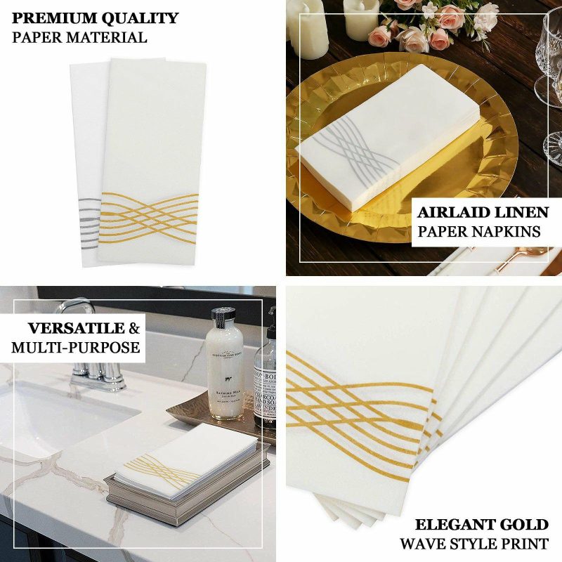 25 Pack White Gold Airlaid Soft Linen-Feel Paper Dinner Napkins, Disposable Hand Towels Gold Foil Wave Design – 8″x4″  |   Paper Napkins Paper Napkins Paper Napkins