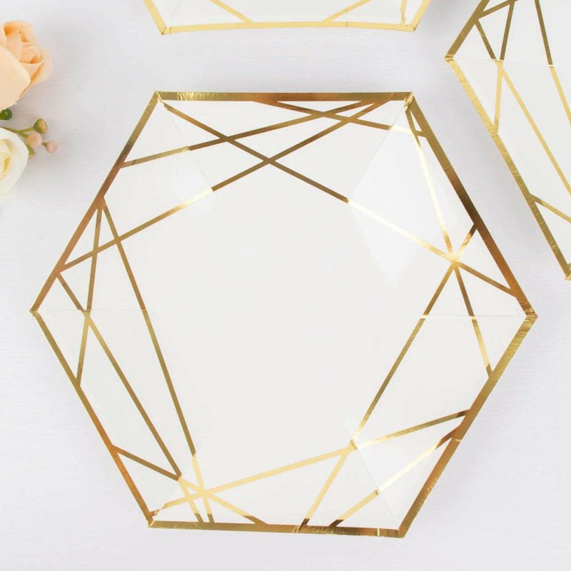 25 Pack White / Gold Hexagon Dinner Paper Plates, Geometric Disposable Party Plates 300 GSM 9″  |   Eco-Friendly & Paper Plates Disposable Plates Eco-Friendly & Paper Plates