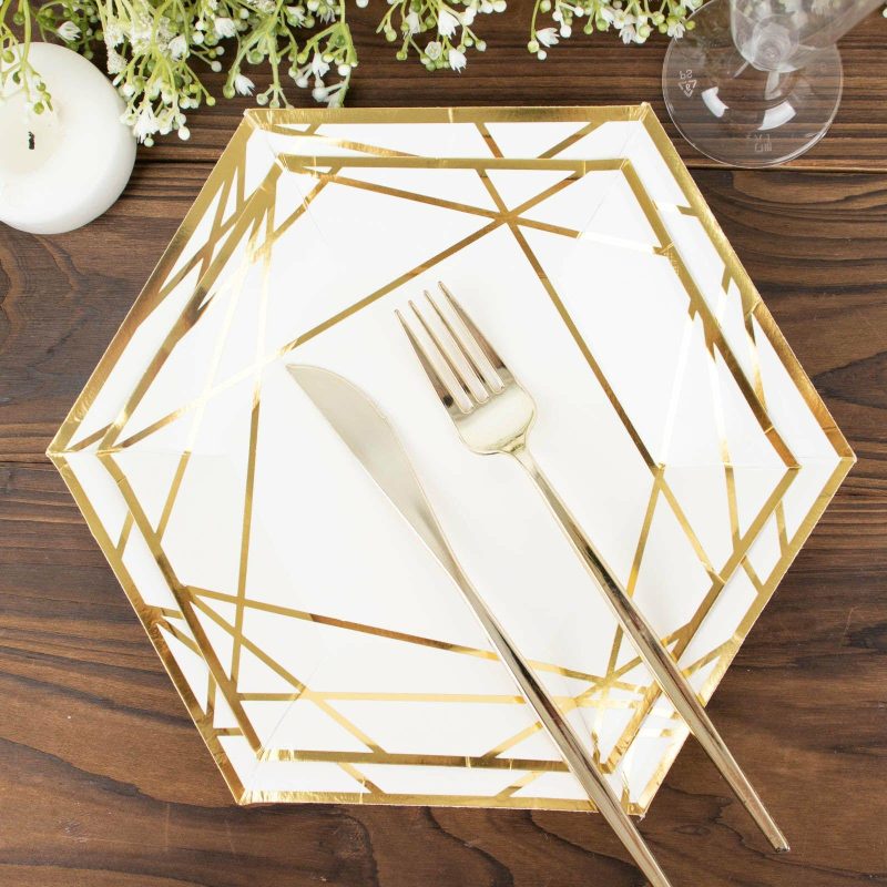 25 Pack White / Gold Hexagon Dinner Paper Plates, Geometric Disposable Party Plates 300 GSM 9″  |   Eco-Friendly & Paper Plates Disposable Plates Eco-Friendly & Paper Plates