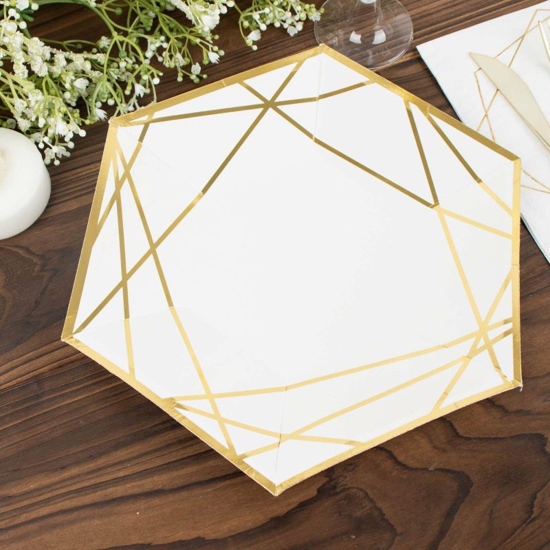 25 Pack White / Gold Hexagon Dinner Paper Plates, Geometric Disposable Party Plates 300 GSM 9″  |   Eco-Friendly & Paper Plates Disposable Plates Eco-Friendly & Paper Plates