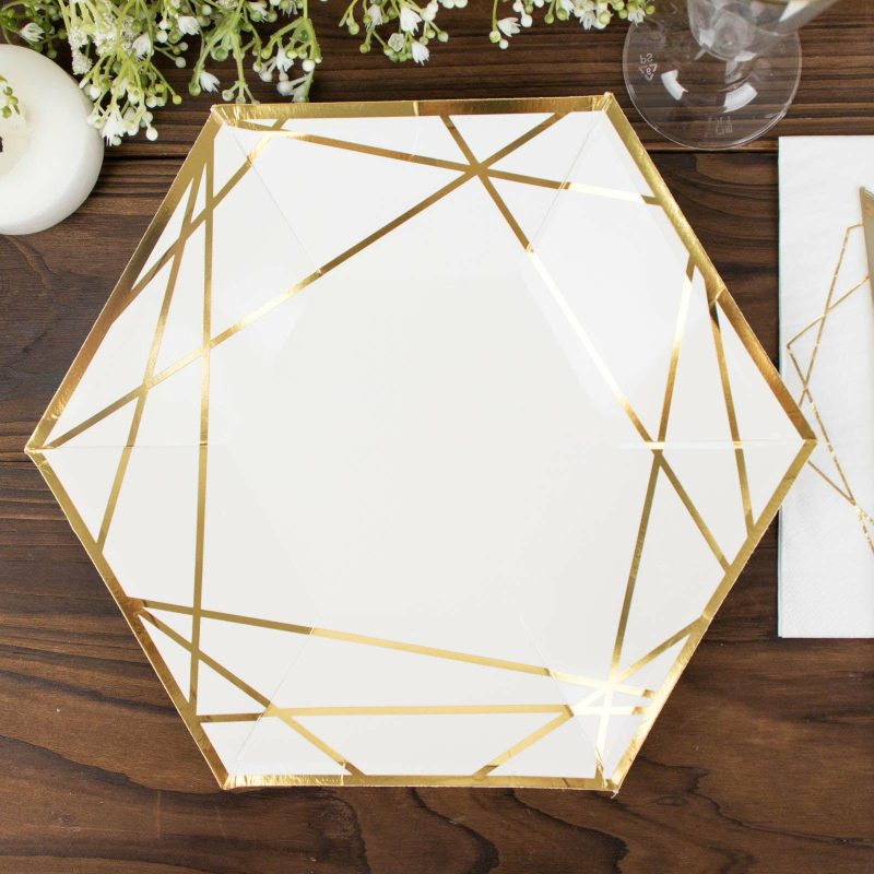 25 Pack White / Gold Hexagon Dinner Paper Plates, Geometric Disposable Party Plates 300 GSM 9″  |   Eco-Friendly & Paper Plates Disposable Plates Eco-Friendly & Paper Plates