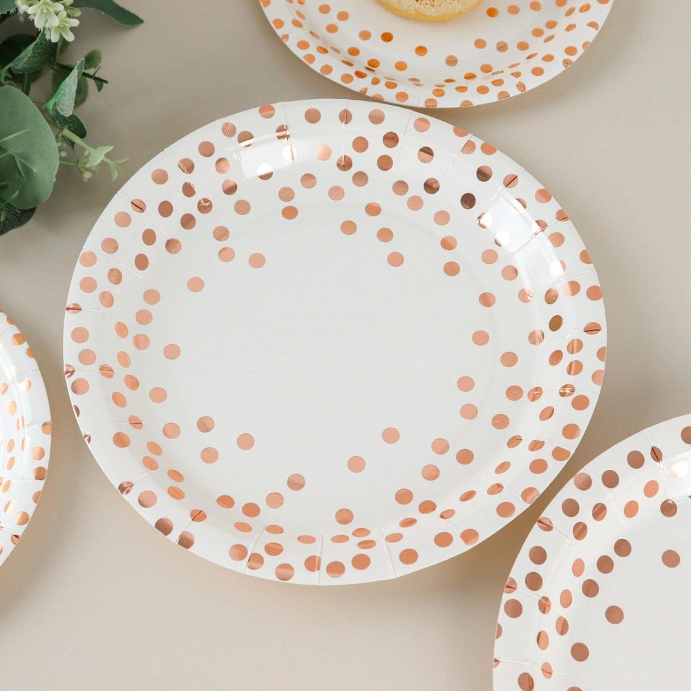 25 Pack White Metallic Rose Gold Polka Dot Dinner Paper Plates, Disposable Party Plates 300 GSM 9″  |   Eco-Friendly & Paper Plates Disposable Plates Eco-Friendly & Paper Plates