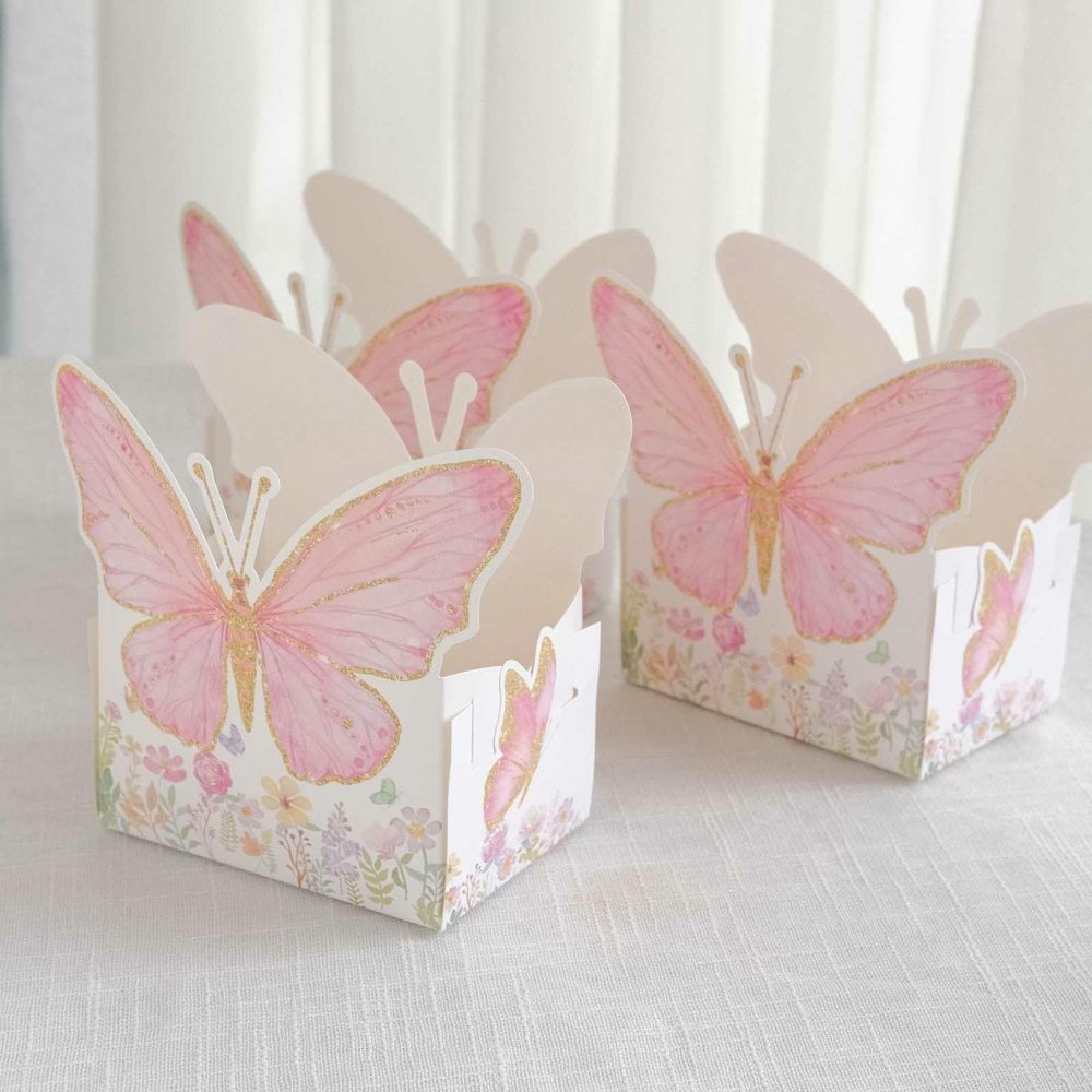 25 Pack White Pink Glitter Butterfly Theme Paper Food Trays, Floral Print Disposable Snack Serving Trays – 6″x7″  |   Servingwares Disposable Plates Servingwares