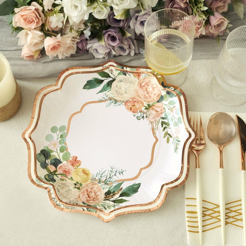 25 Pack White Rose Gold Floral Scallop Rim Dinner Paper Plates, Disposable Party Plates 300 GSM 10″  |   Eco-Friendly & Paper Plates Disposable Plates Eco-Friendly & Paper Plates