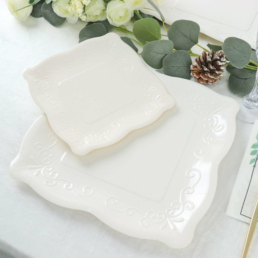 25 Pack White Square Vintage Appetizer Dessert Paper Plates, Shiny Disposable Pottery Embossed Party Plates With Scroll Design Edge 350 GSM 7″  |   Eco-Friendly & Paper Plates Disposable Plates Eco-Friendly & Paper Plates