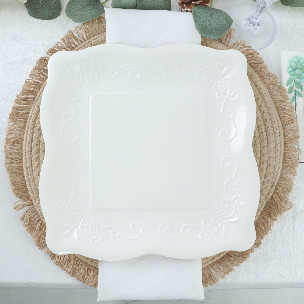 25 Pack White Square Vintage Dinner Serving Paper Plates, Shiny Disposable Pottery Embossed Party Plates With Scroll Design Edge 350 GSM 11″  |   Eco-Friendly & Paper Plates Disposable Plates Eco-Friendly & Paper Plates