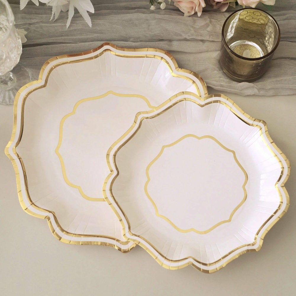 25 Pack White/Gold Scallop Rim Dessert Party Paper Plates, Disposable Appetizer Salad Plates 300 GSM 8″  |   Eco-Friendly & Paper Plates Disposable Plates Eco-Friendly & Paper Plates