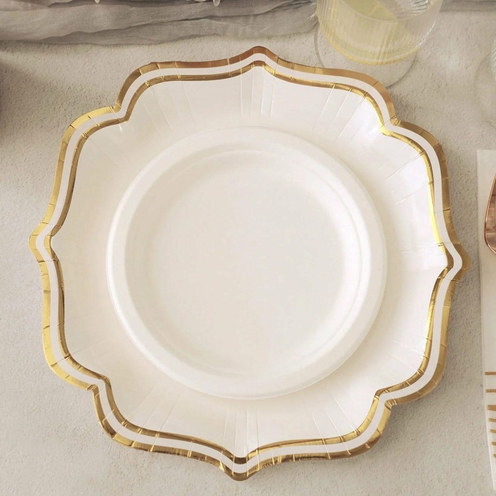 25 Pack White/Gold Scallop Rim Dinner Party Paper Plates, Disposable Plates 300 GSM 10″  |   Eco-Friendly & Paper Plates Disposable Plates Eco-Friendly & Paper Plates