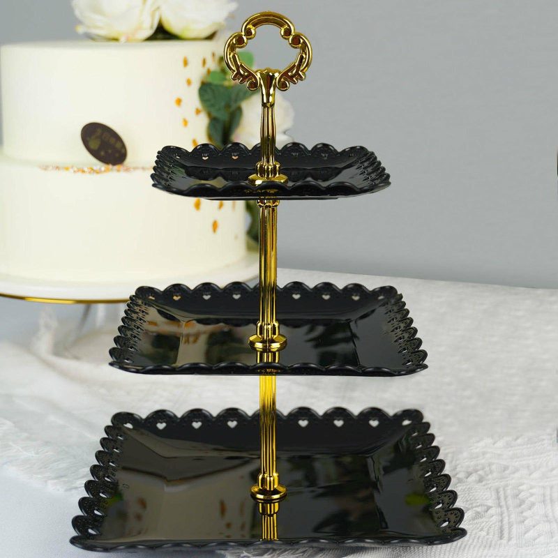 3-Tier Black Gold Wavy Square Edge Cupcake Stand, Dessert Holder, Plastic With Top Handle 13″  |   Servingwares Disposable Plates Black/Gold