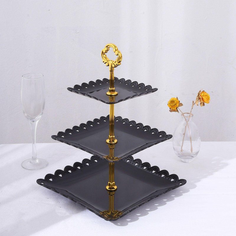 3-Tier Black Gold Wavy Square Edge Cupcake Stand, Dessert Holder, Plastic With Top Handle 13″  |   Servingwares Disposable Plates Black/Gold