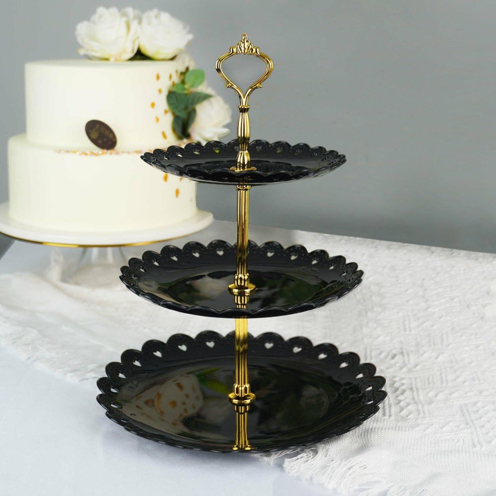 3-Tier Black/Gold Wavy Round Edge Cupcake Stand, Dessert Holder 13″  |   Servingwares Disposable Plates Black/Gold