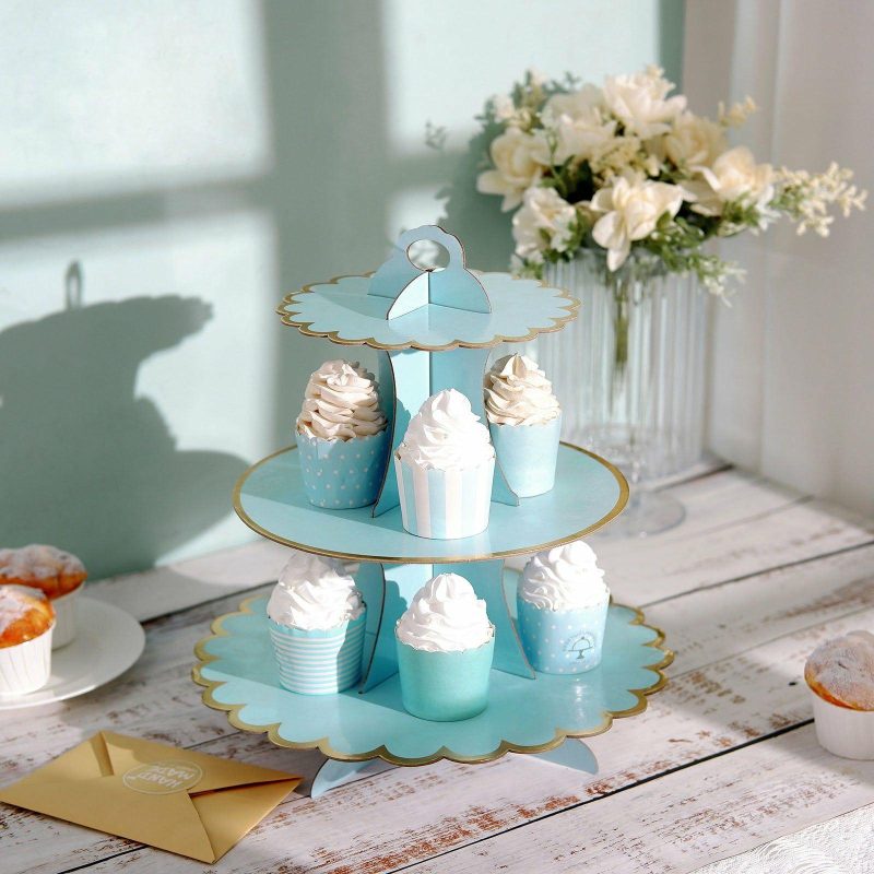 3-Tier Blue/Gold Cardboard Cupcake Dessert Stand Treat Tower 13″  |   Servingwares Disposable Plates Blue