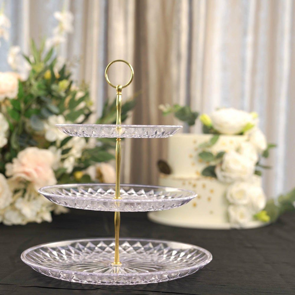 3-Tier Clear Gold Sunflower Cut Cupcake Stand, Dessert Holder 12″  |   Servingwares Disposable Plates Servingwares