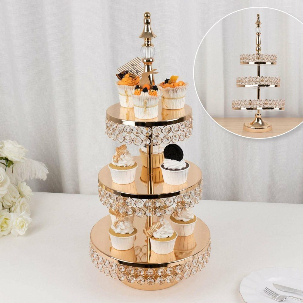 3-Tier Crystal Beaded Gold Metal Cake Stand, Cupcake Tower Dessert Display Stand with Round Mirror Top – 26″ Tall  |   Servingwares Disposable Plates Servingwares