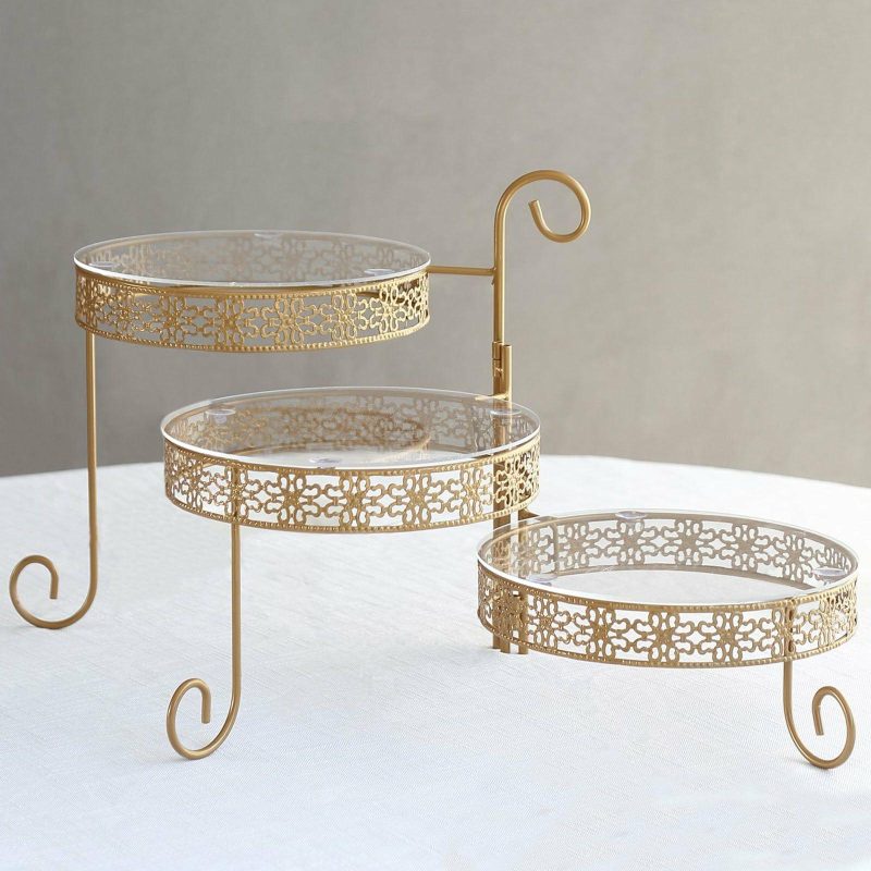 3-Tier Gold Metal Rotating Cupcake Dessert Display Stand With Clear Acrylic Round Plates, Hollow Lace Design Cake Stand – 28″  |   Servingwares Disposable Plates Rotating Stand