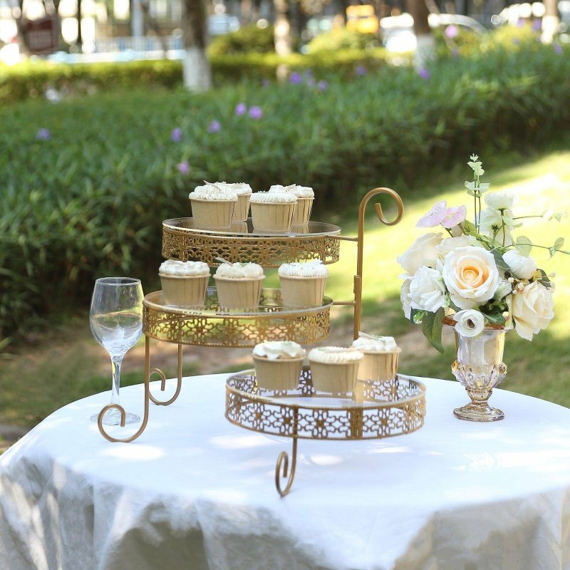 3-Tier Gold Metal Rotating Cupcake Dessert Display Stand With Clear Acrylic Round Plates, Hollow Lace Design Cake Stand – 28″  |   Servingwares Disposable Plates Rotating Stand