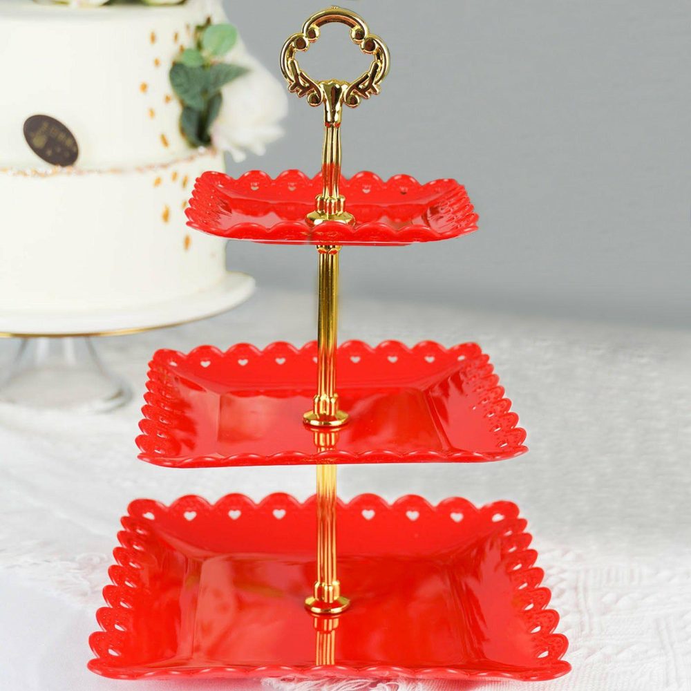 3-Tier Gold/Red Wavy Square Edge Cupcake Stand, Dessert Holder, Plastic With Top Handle 13″  |   Servingwares Disposable Plates Gold/Red