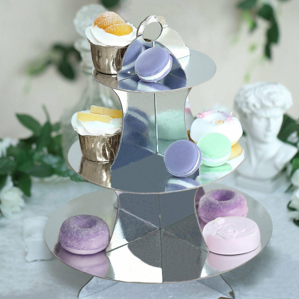 3-Tier Metallic Silver Cardboard Cupcake Dessert Stand Treat Tower 14″  |   Servingwares Disposable Plates Servingwares