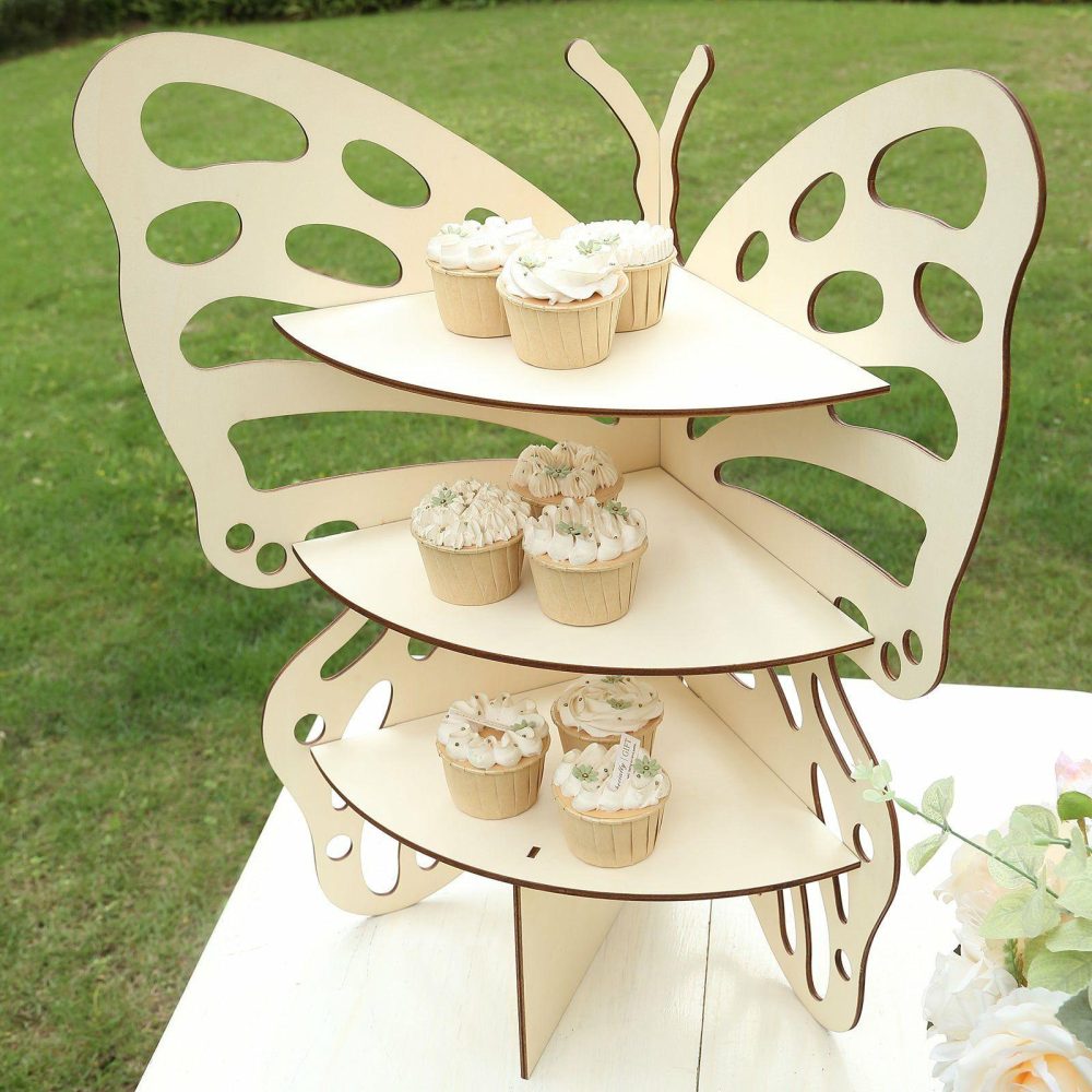 3-Tier Natural Butterfly Wooden Cupcake Stand, Rustic Dessert Display Stand Shelf Rack – 24″  |   Servingwares Disposable Plates 3 Tier Rustic Butterfly Shelf Rack Stand