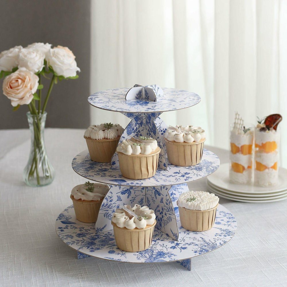 3-Tier White Blue Cardboard Cupcake Stand with Chinoiserie Floral Print, Tea Party Dessert Display Stand Round Serving Platter – 11″ Tall  |   Servingwares Disposable Plates Chinoiserie Floral Print