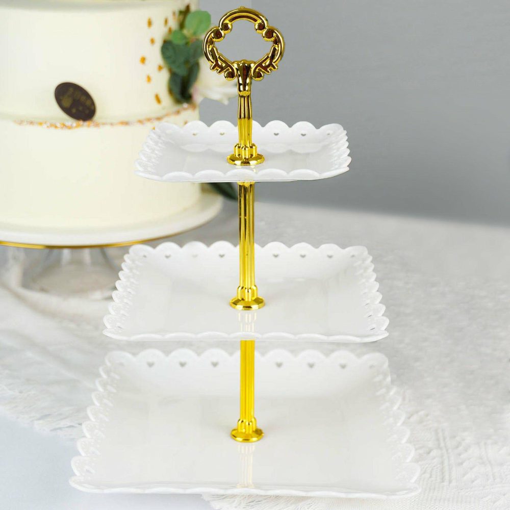 3-Tier White Gold Wavy Square Edge Cupcake Stand, Dessert Holder, Plastic With Top Handle 13″  |   Servingwares Disposable Plates Gold/White