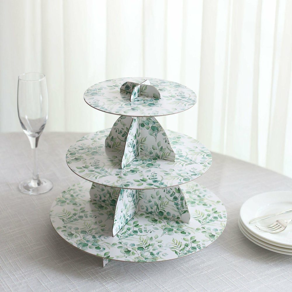 3-Tier White Green Cardboard Cupcake Stand with Eucalyptus Leaves Print, Tea Party Dessert Display Stand Round Serving Platter – 11″ Tall  |   Servingwares Disposable Plates Eucalyptus Leaves Print