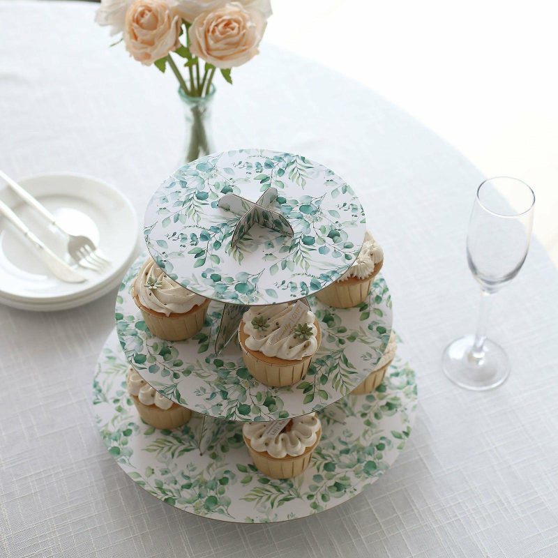 3-Tier White Green Cardboard Cupcake Stand with Eucalyptus Leaves Print, Tea Party Dessert Display Stand Round Serving Platter – 11″ Tall  |   Servingwares Disposable Plates Eucalyptus Leaves Print