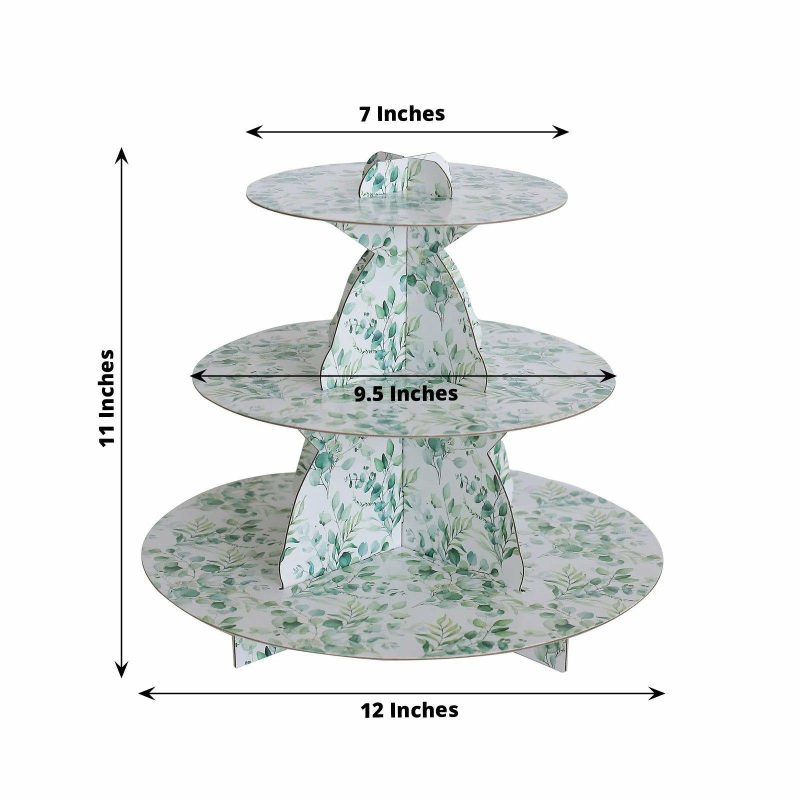 3-Tier White Green Cardboard Cupcake Stand with Eucalyptus Leaves Print, Tea Party Dessert Display Stand Round Serving Platter – 11″ Tall  |   Servingwares Disposable Plates Eucalyptus Leaves Print