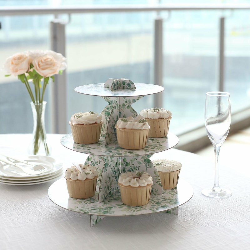 3-Tier White Green Cardboard Cupcake Stand with Eucalyptus Leaves Print, Tea Party Dessert Display Stand Round Serving Platter – 11″ Tall  |   Servingwares Disposable Plates Eucalyptus Leaves Print