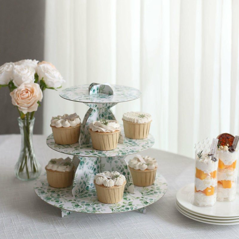 3-Tier White Green Cardboard Cupcake Stand with Eucalyptus Leaves Print, Tea Party Dessert Display Stand Round Serving Platter – 11″ Tall  |   Servingwares Disposable Plates Eucalyptus Leaves Print