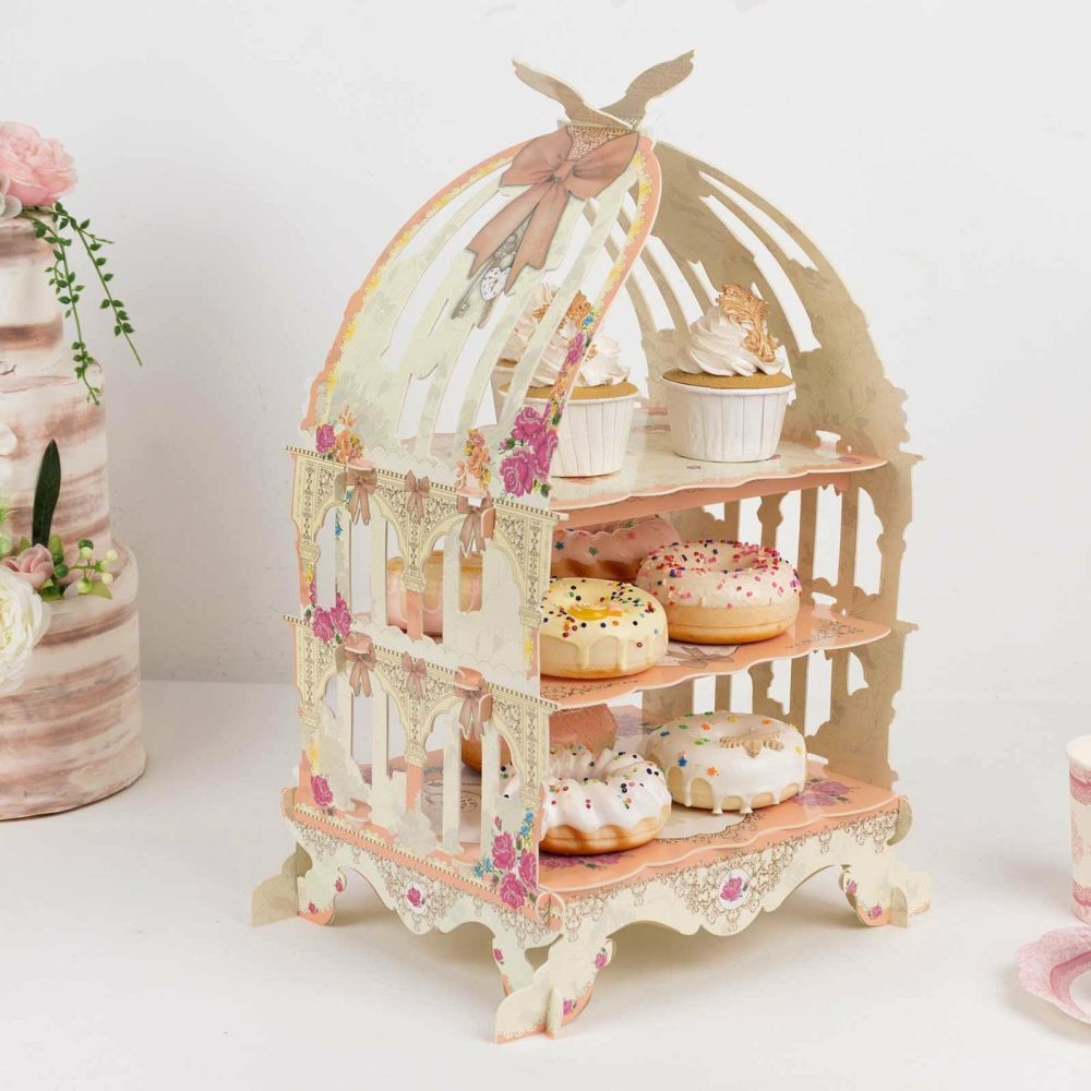 3 Tier White Peach Birdcage Cardboard Cupcake Stand With Floral Print, Cake Display Dessert Holder – 18″  |   Servingwares Disposable Plates Servingwares