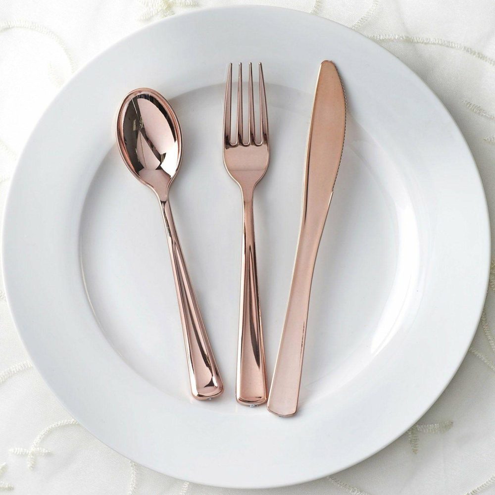 30 Pack Metallic Rose Gold Classic Heavy Duty Plastic Utensil Set, Disposable Silverware Set 7″,8″  |   Cutlery Cutlery Cutlery