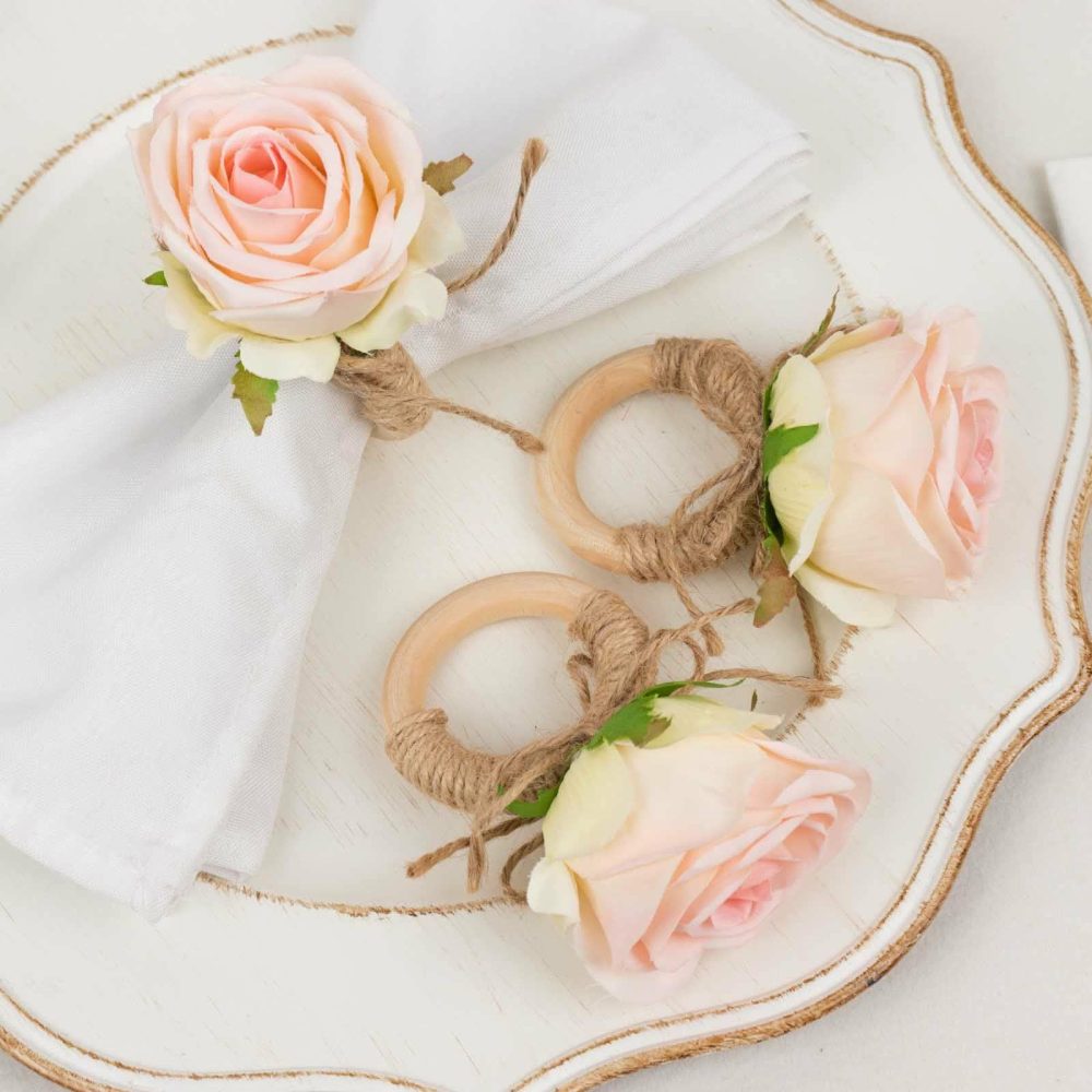 4 Pack Blush Silk Rose Flower Wooden Napkin Rings, Rustic Boho Chic Floral Napkin Holders – 4″  |   Napkin Rings Cloth Napkins Napkin Rings