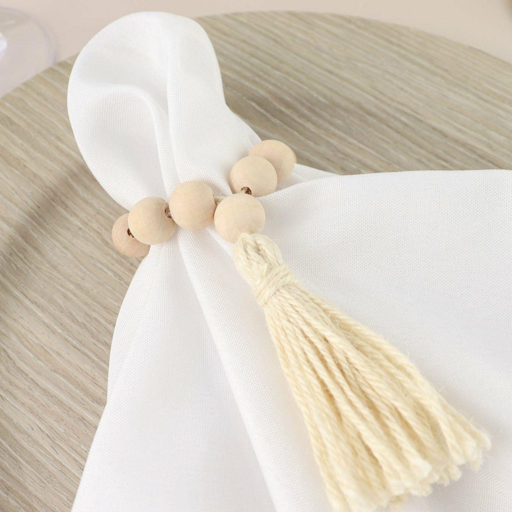 4 Pack Cream Farmhouse Country Wood Bead Napkin Rings With Tassels, Rustic Boho Chic Napkin Holders 6″  |   Napkin Rings Cloth Napkins Napkin Rings