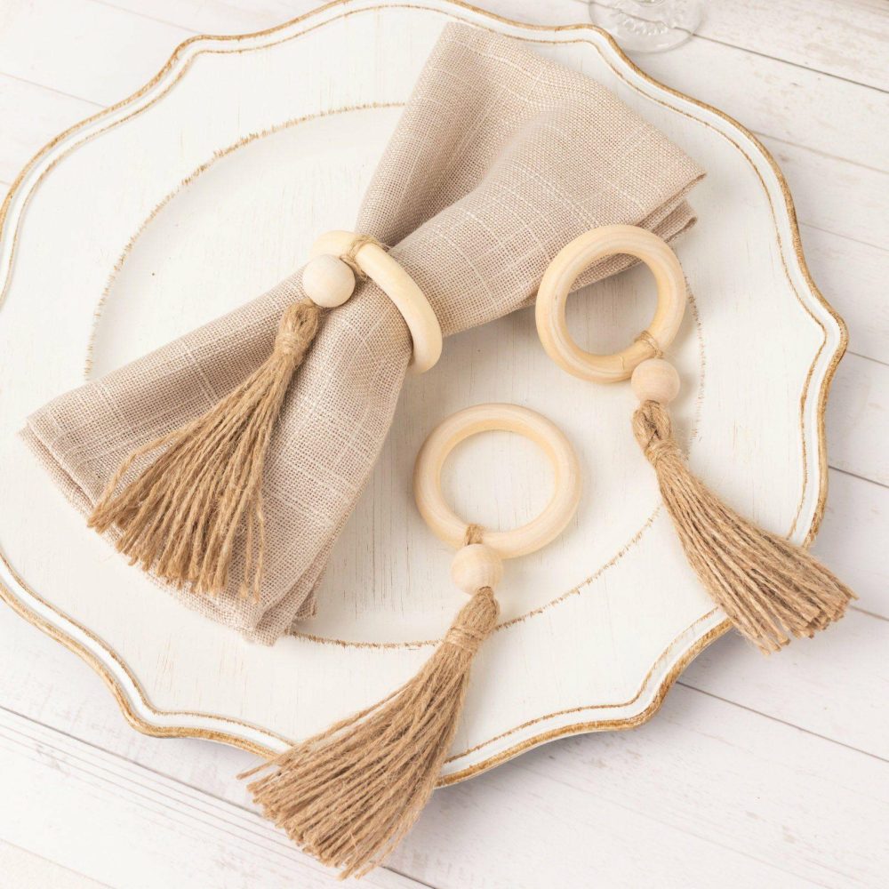 4 Pack Cream Wooden Napkin Rings with Woven Jute Beaded Tassel, Farmhouse Style Dinner Serviette Buckles  |   Napkin Rings Cloth Napkins Beaded Tassel